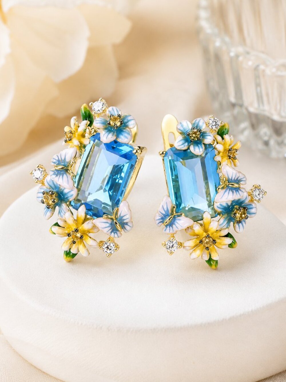 Blue Gold Floral Crystal Earrings Enamel Flower Statement Studs NWT
